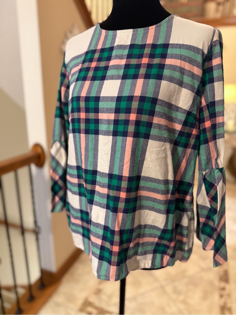 J.Crew Mercantile Plaid Bell Sleeve Blouse Size 8 Green Navy Coral